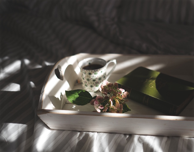 Grüner Tee mit Buch und Blatt