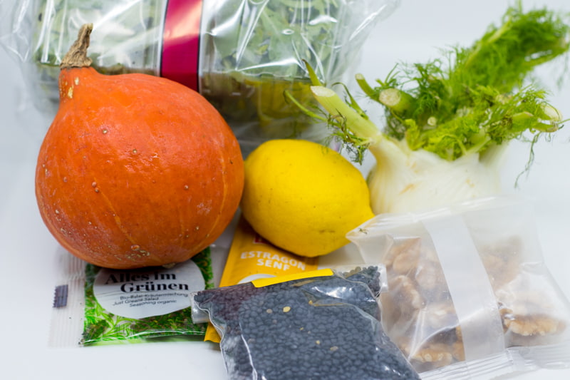 Herbstlicher Linsensalat mit Röst-Kürbis und Walnussdressing ala Marley Spoon - Kochbox Selbsttest (Teil 1 von 2)