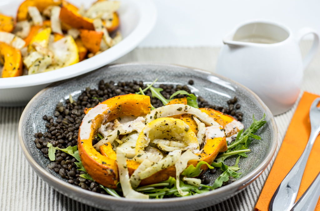 Herbstlicher Linsensalat mit Röst-Kürbis und Walnussdressing ala Marley Spoon – Kochbox Selbsttest (Teil 1 von 2)