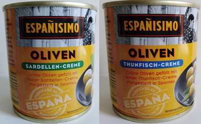 Grüne Oliven gefüllt (Sardellen-Creme, Thunfisch-Creme) – Españisimo – 200 g